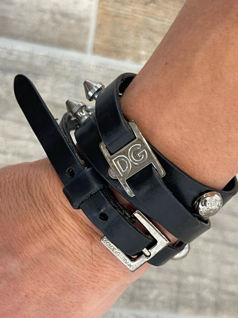 Dolce & Gabbana Black Leather DG Spikes Wrap Bracelet Womens Made in Italy